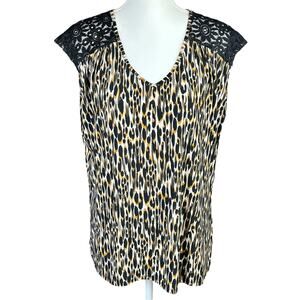 Roz & Ali Top Women Size XL Black Brown Animal Print Lace Sheer Shoulders Blouse